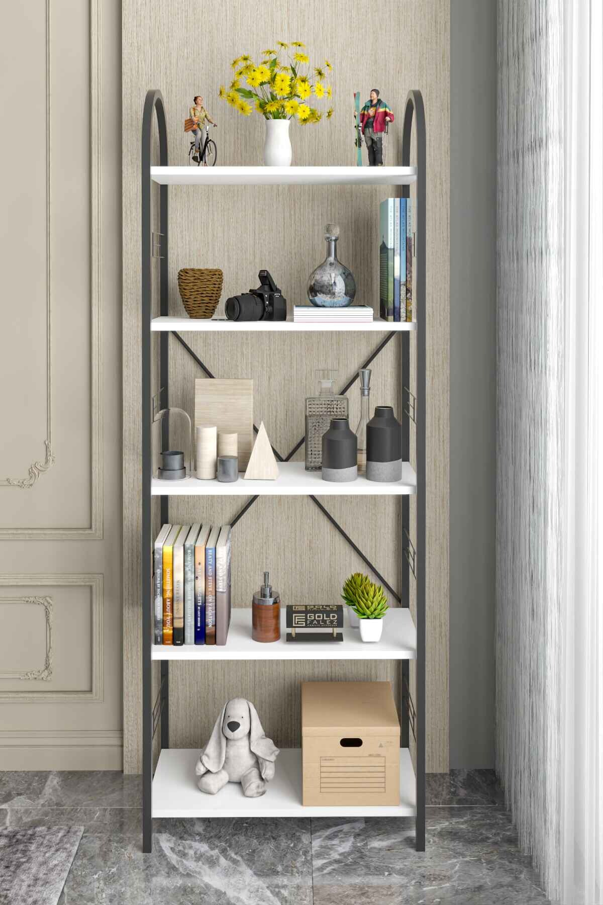 Reyo Falez 5 Geniş Raflı Kitaplık Metal Çerçeveli Modern Raf Çalışma Odası Ofis Salon Kitaplığı Evrak Rafı 180 cm Beyaz