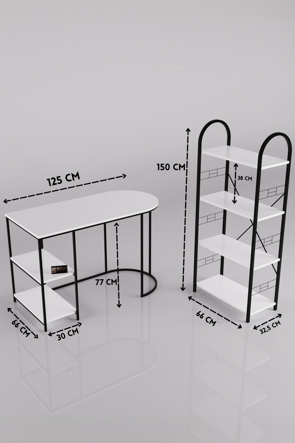 Reyo Falez Çalışma Masası ve Kitaplık Seti Metal Ayaklı,Minimalist Tasarım,Geniş Masa Alanı,Çok Raflı Beyaz