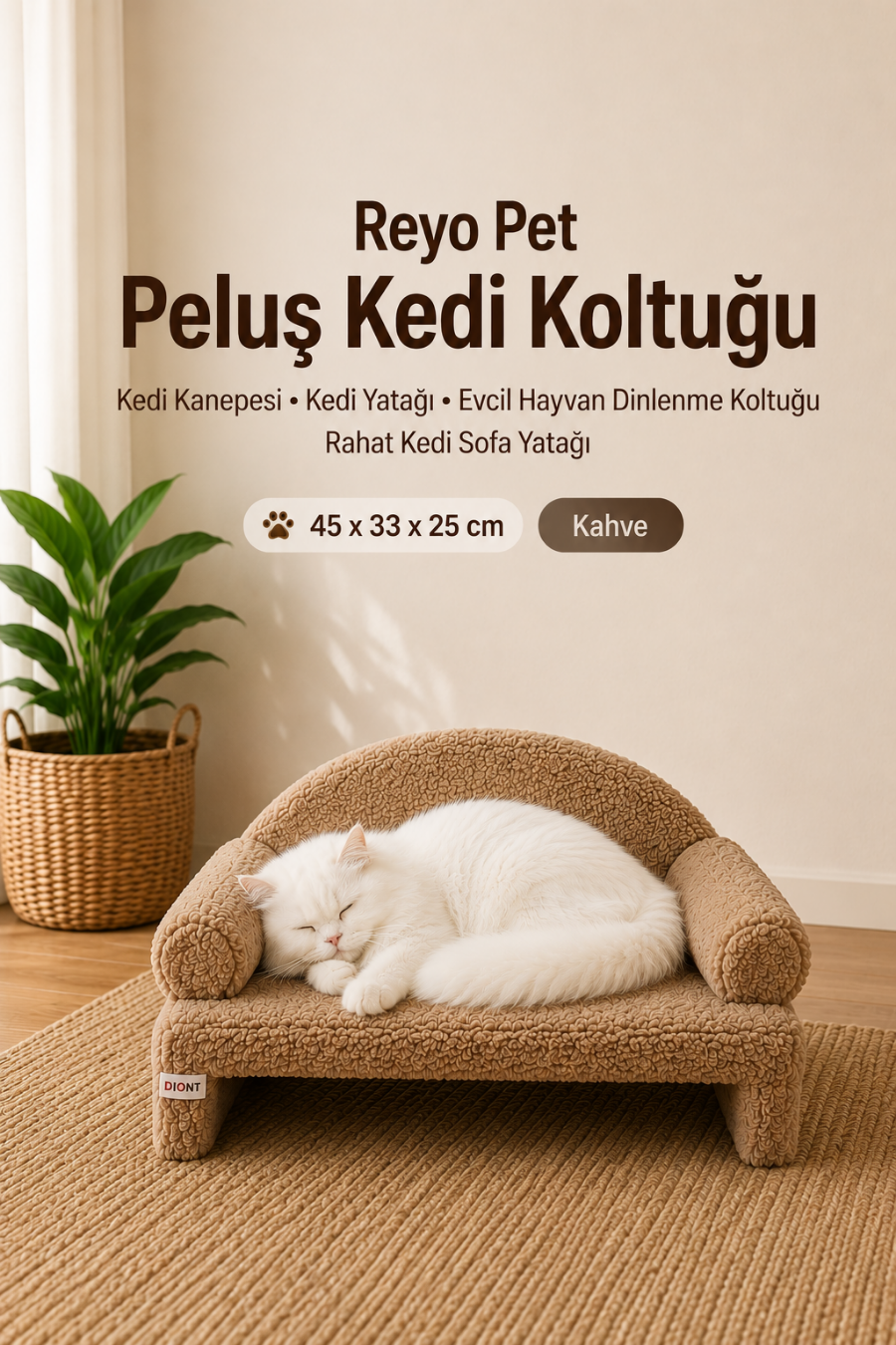 Reyo Pet Peluş Kedi Koltuğu, Kedi Kanepesi, Kedi Yatağı, Evcil Hayvan Dinlenme Koltuğu, Rahat Kedi Sofa Yatağı, 45x33x25 cm Kahve