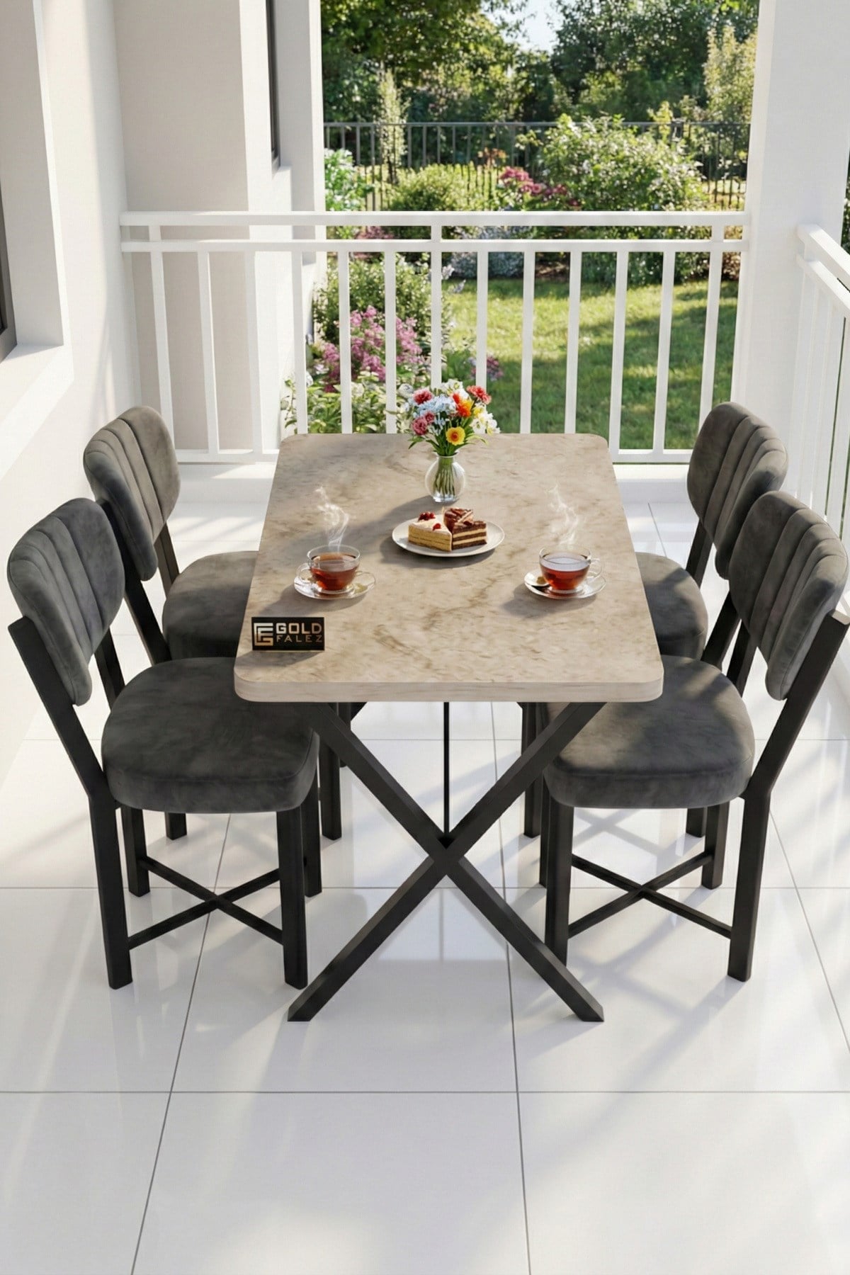 Reyo Falez Elma 110x70 cm Masa Takımı 4 Sandalyeli Modern Mutfak Balkon Kafe Yemek Masası Seti Traverten - Antrasit 9887