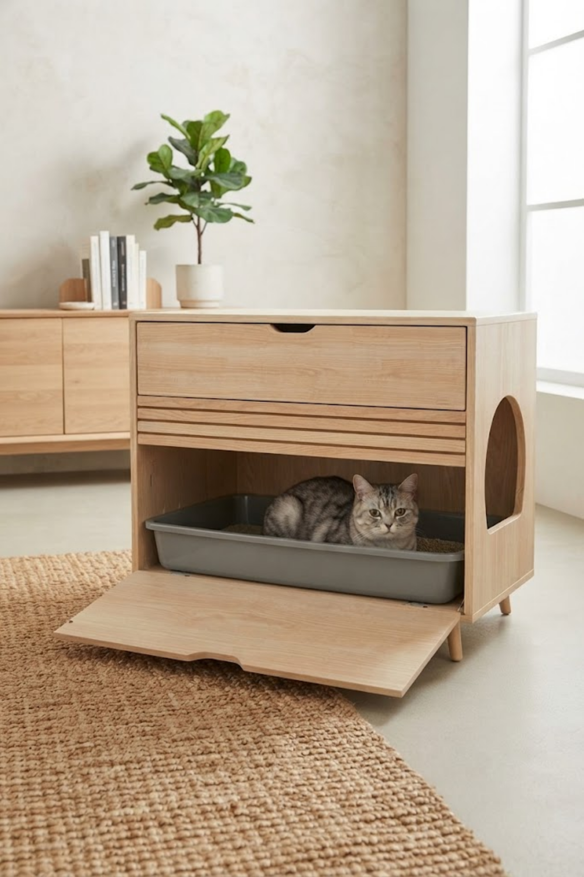Reyo Pet Soft Tek Çekmeceli Kapalı Kedi Tuvaleti Dolabı – Masif Ahşap, Kapalı Kedi Tuvaleti