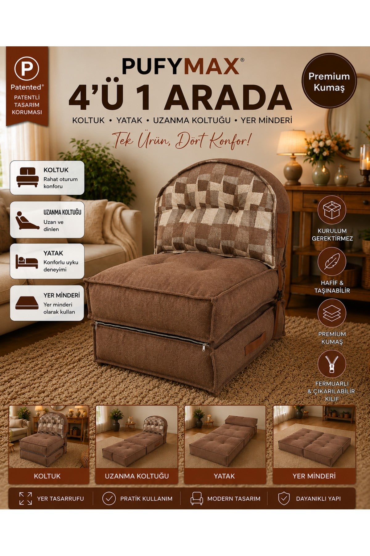Pufymax Comfy Plus Oval Bohem Tekli Koltuk Yatak Olabilen Katlanır Berjer & Modüler Yer Yatağı 75x75x 90 cm Kahve