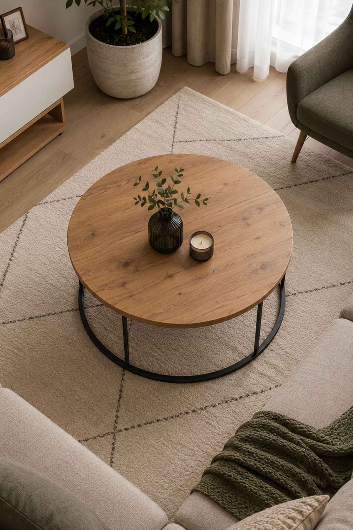 Reyo Falez Terra Lüx Ceviz Yuvarlak Orta Sehpa – Modern Metal Ayaklı Salon ve Oturma Odası Sehpası 70 cm
