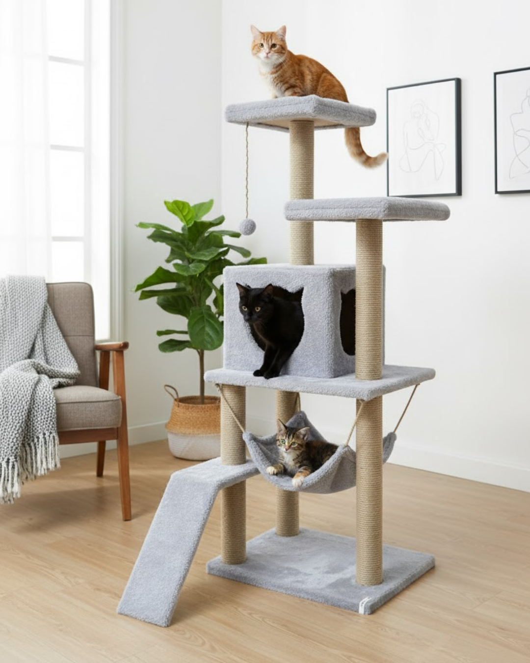 Reyo Pet S9 Kedi Tırmalama Kulesi Platformlu 124 cm Gri