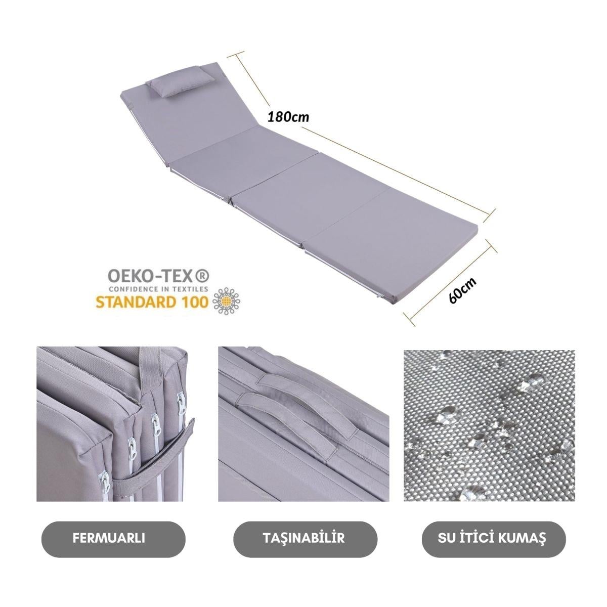 Bysay Şezlong Minderi Kamp Matı Fermuarlı Şapkalı 4 Cm Gri