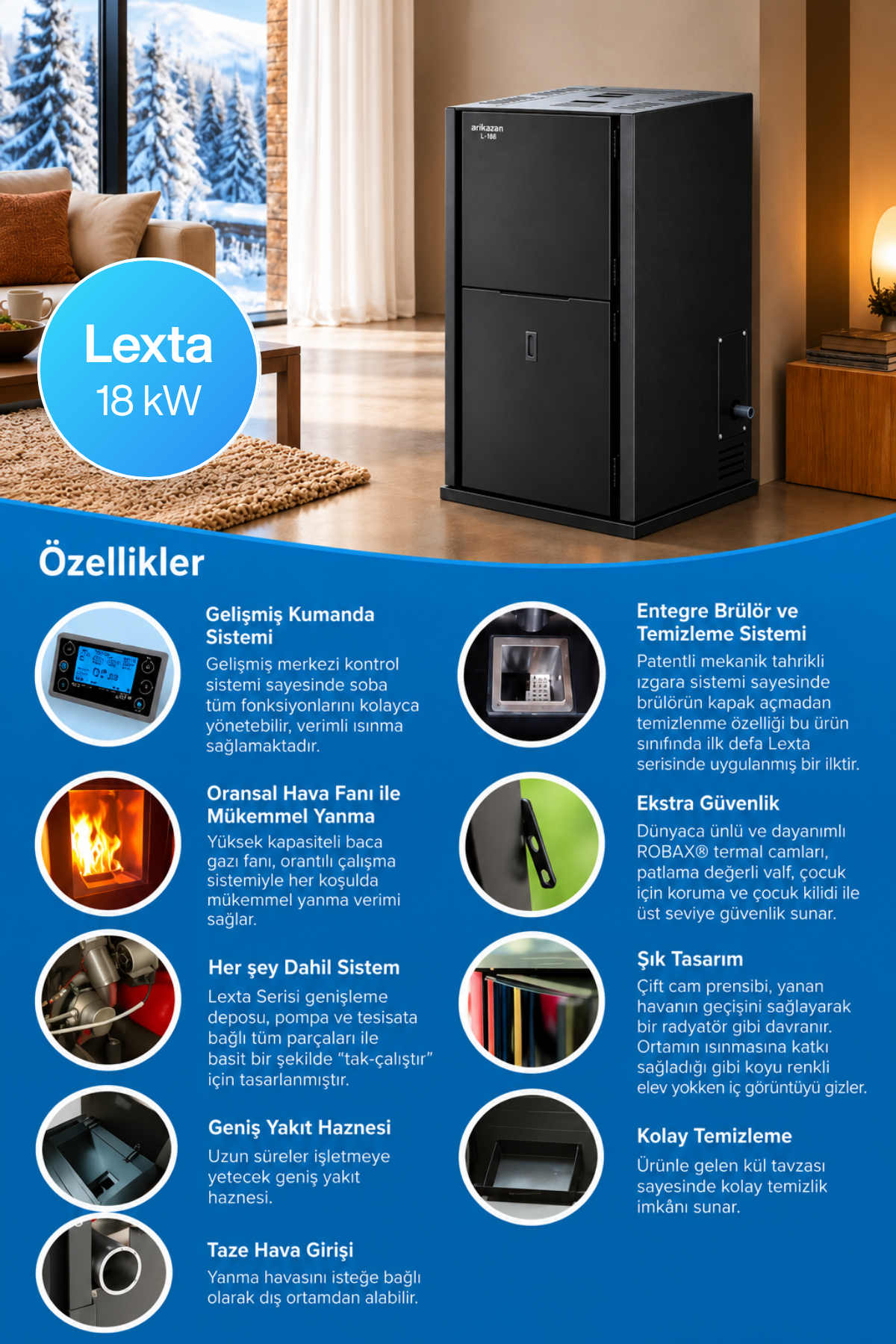 Arıkazan Lexta 18B 18kW Peletli Kalorifer Sobası