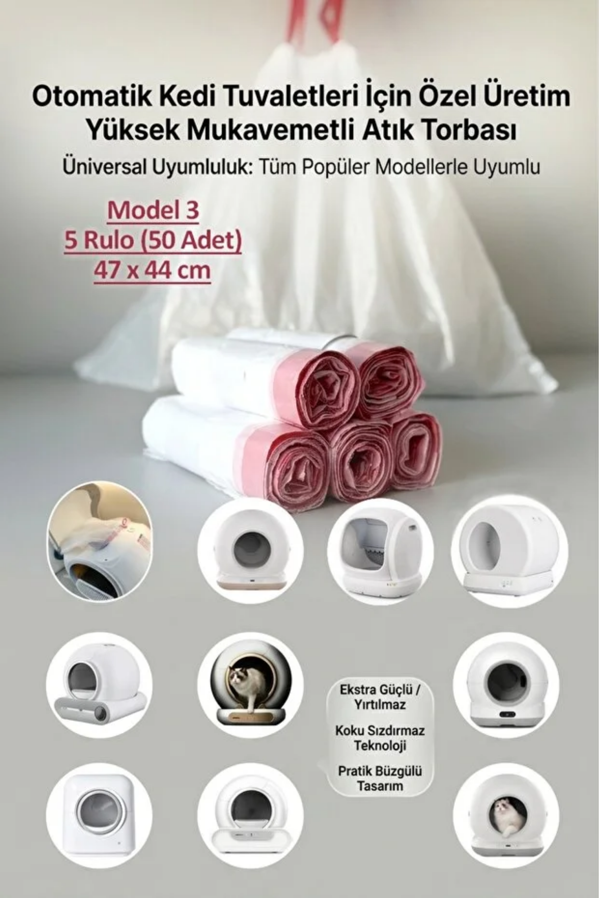 Reyo Otomatik Kedi Tuvaleti Atık Torbası – Kedi Tuvaleti Poşeti 5 Rulo 50 Adet (Model 3)