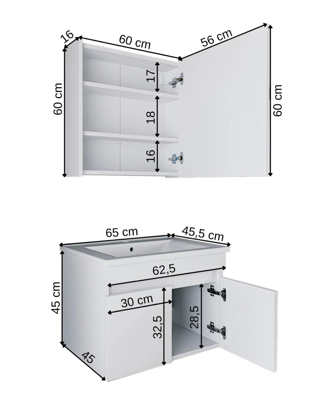 Roomart Al3 Ayaksız 2 Kapaklı Lavabolu Mdf 65 Cm Banyo Dolabı Aynalı Üst Dolabı Mat Beyaz