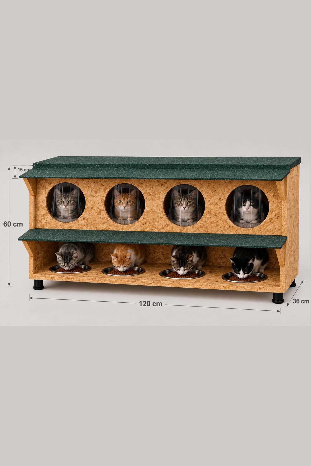 Narım Sokak Kedileri İçin Kedi Evi, Kedi Mama ve Su Kabı Standı 4'lü Doğal Ahşap Yağmur Geçirmez Membran Kaplı Kedi Barınağı 