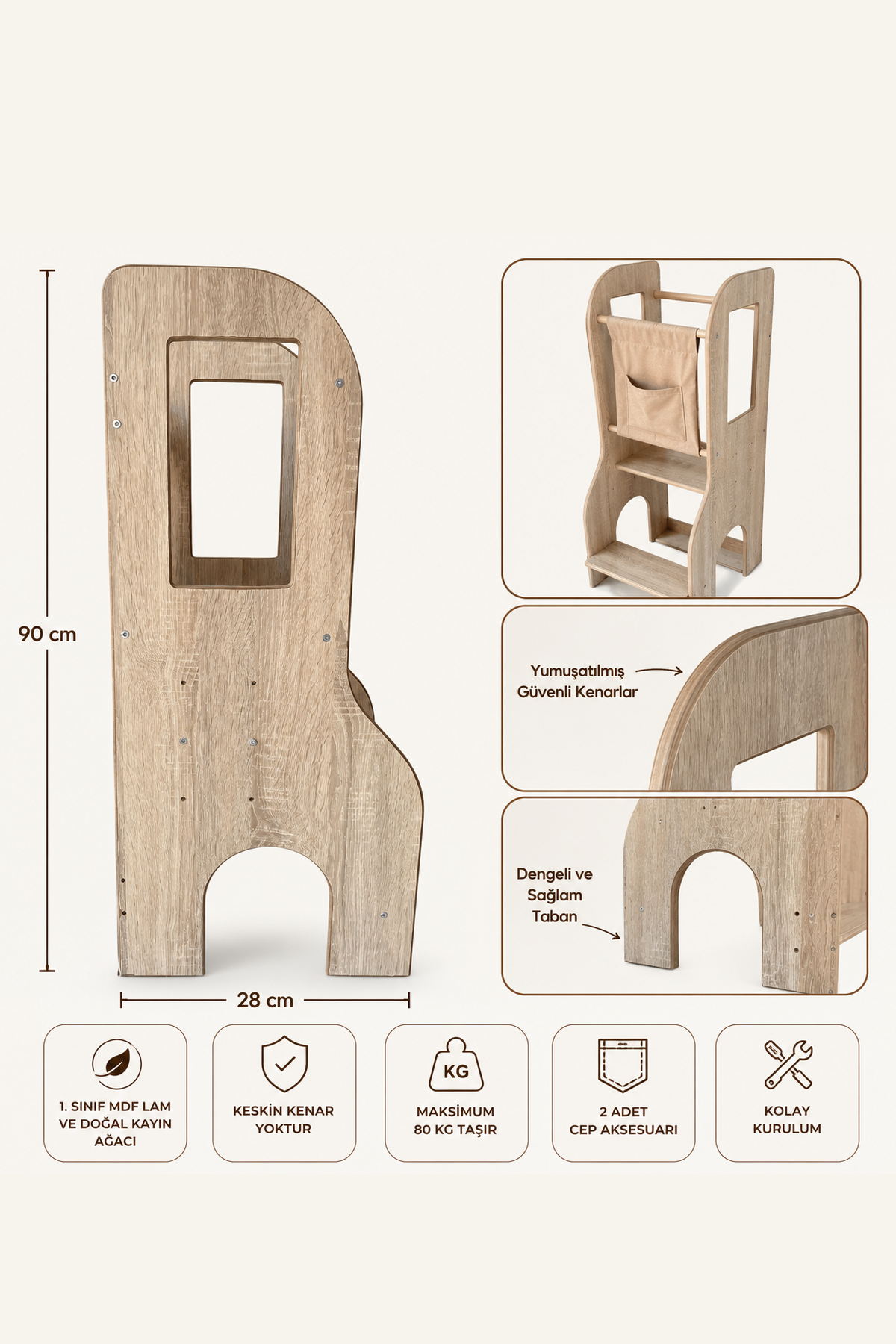 Reyo Öğrenme Kulesi, Montessori Tower, Aktivite Basamağı Yükseklik Ayarlı Naturel MDF Bej