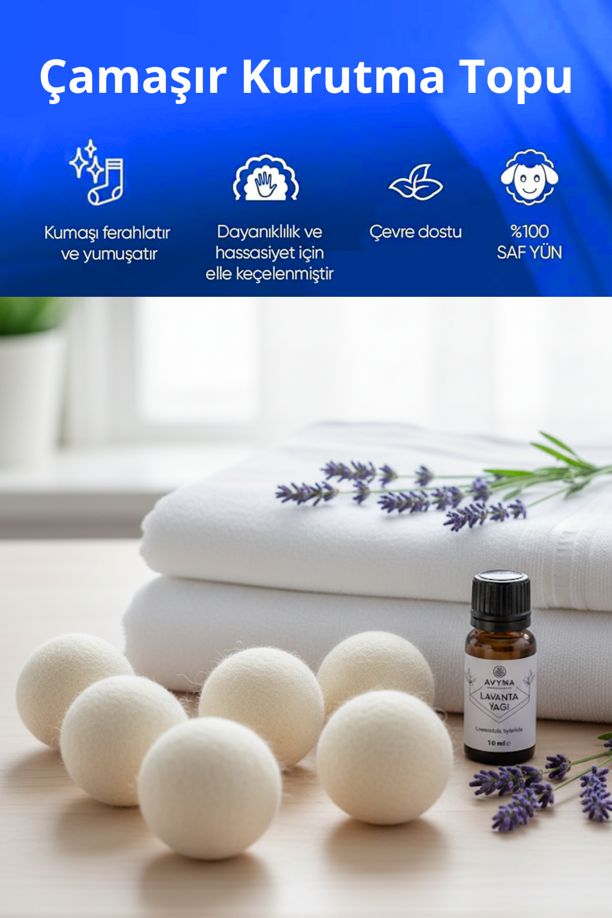 Reyo 6 Adet Çamaşır Yün Kurutma Topu + %100 Saf Lavanta Esansı 
