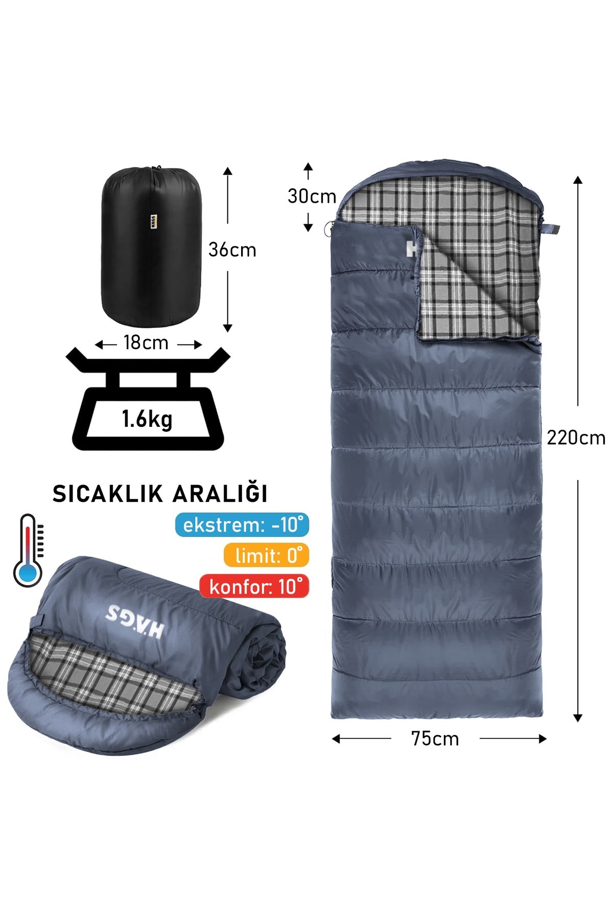 Haegs Uyku Tulumu, Flanel, Battaniye, Kamp Uyku Tulumu, Outdoor Dış Mekan, 3 - 4 Mevsim, Yazlık Uyku Tulumu - Kış Uyku Tulumu, Ultra Hafif, Sıcak ve Kompakt - Flanel - Antrasit