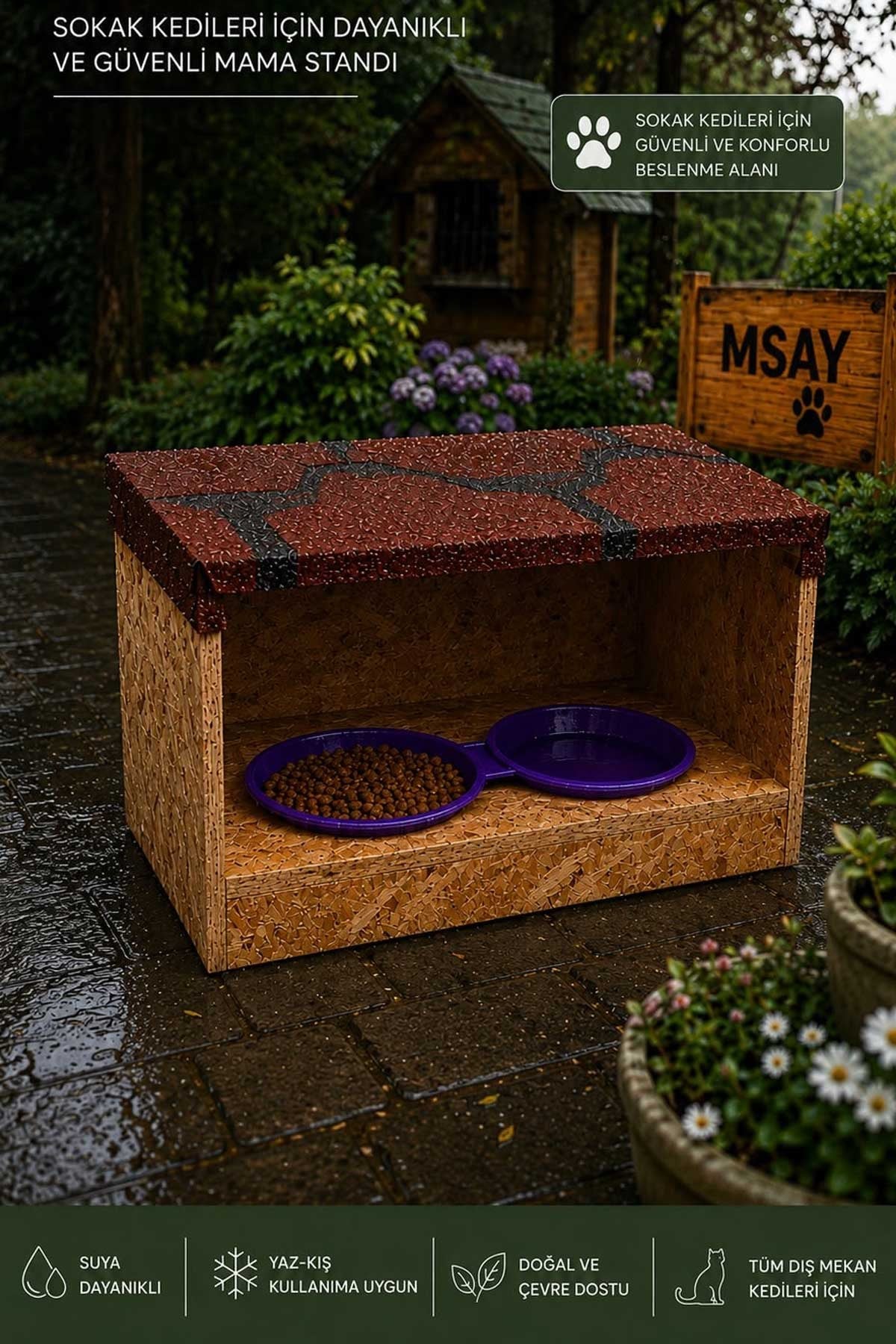 Msay Dış Mekan Kedi Mama Kabı Standı (37x21x25 cm) - Yağmur Geçirmez Membran Kaplı, 2'li Kap İle Kurulu Teslimat
