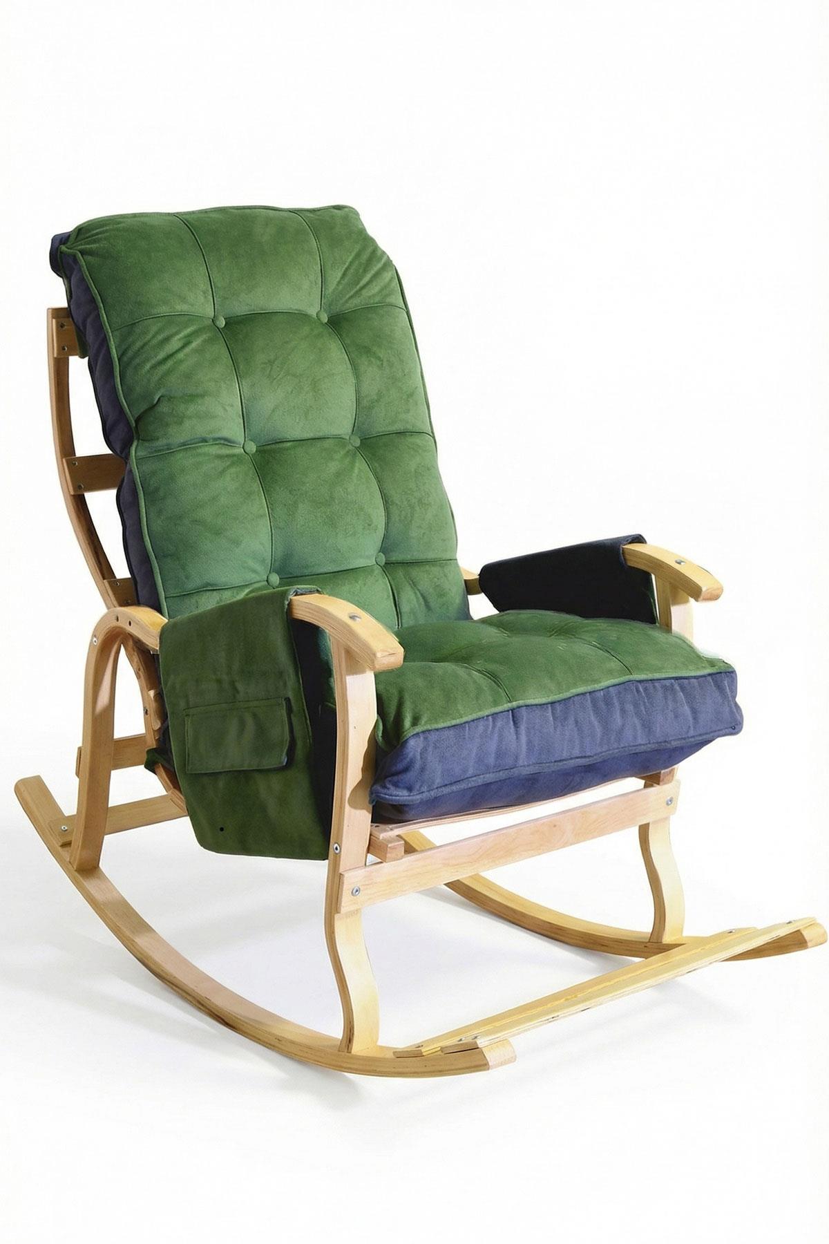 Reyo Home Sultan Lüx Ahşap Çift Minderli Çift Cepli Sallanan Sandalye Yeşil Füme