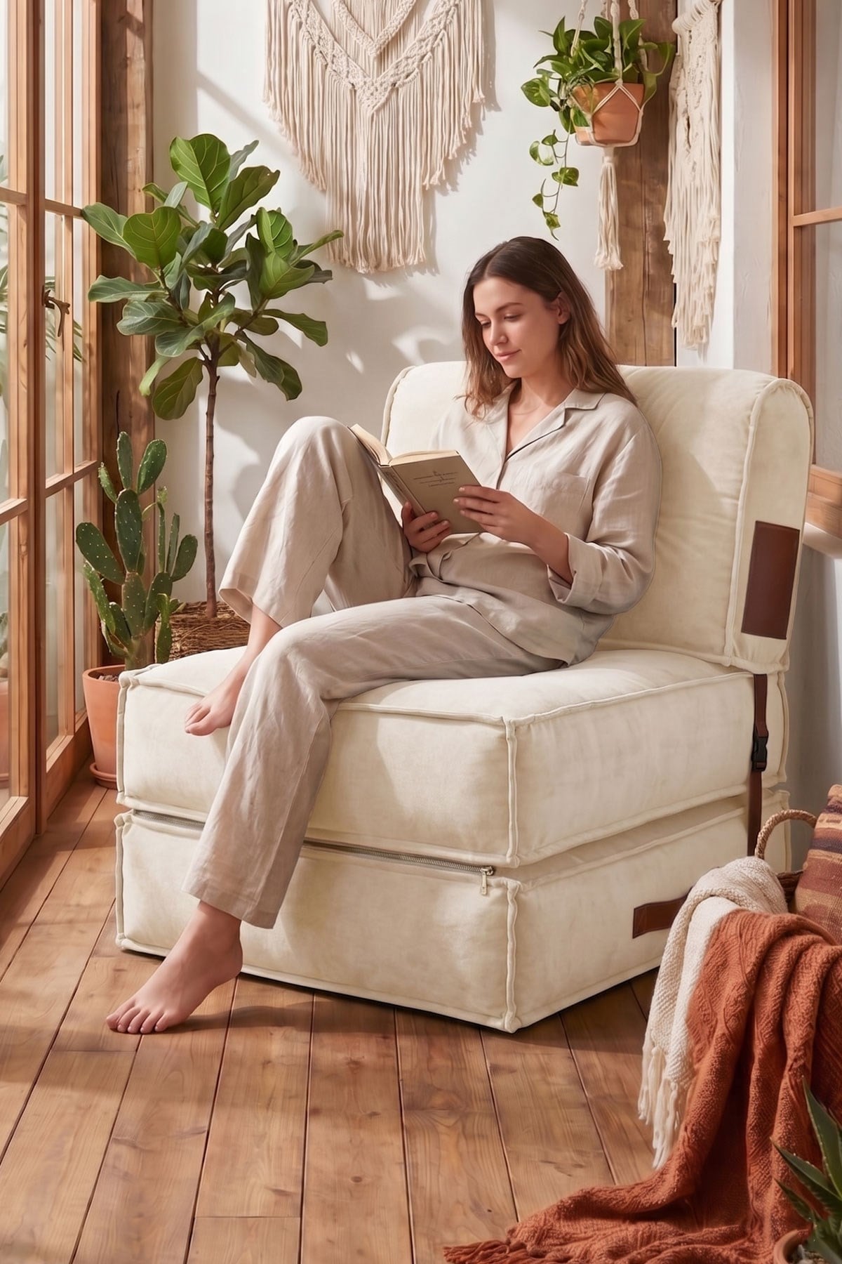 Pufymax Comfort Minder Koltuk Modüler Yer Koltuğu Sırt Destekli Oturma Minderi 75x75x85cm Yıkanabilir Fermuarlı Krem 