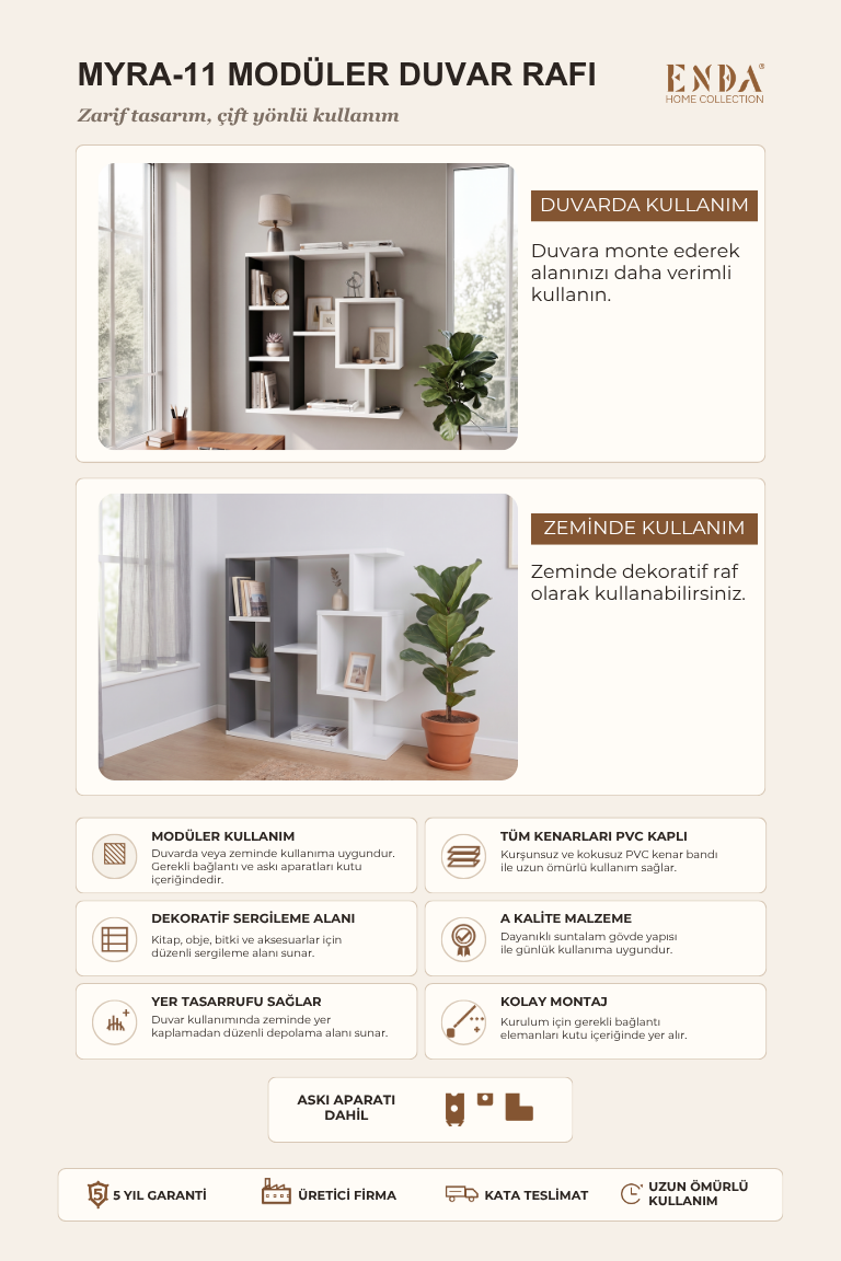 Enda Home Yegane Duvar Rafı, Duvar Kitaplığı, Dekoratif Kitaplık, Modern Kitaplık, Zeminde veya Duvarda Kullanıma Uygun Antrasit - Beyaz