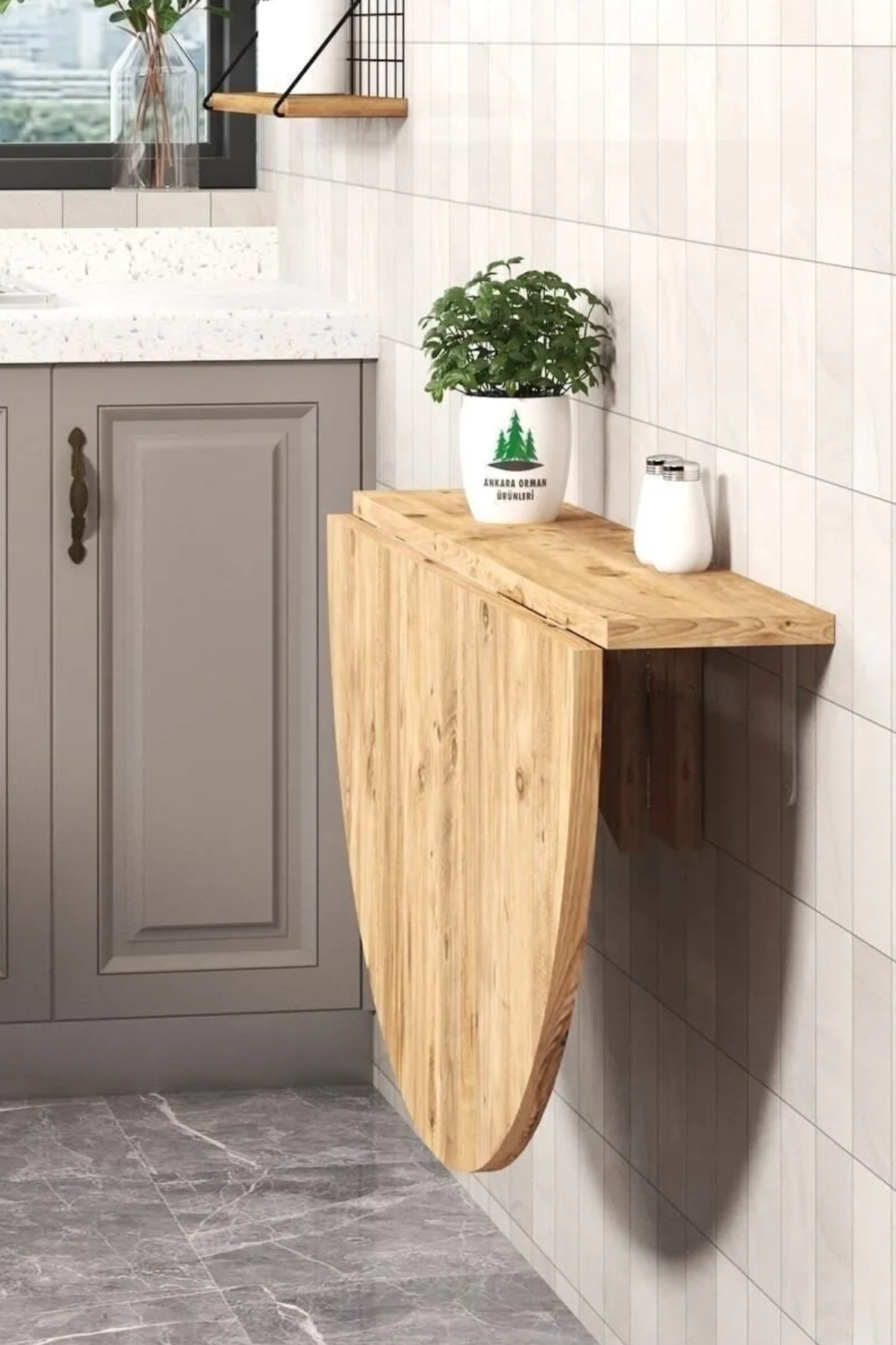Ankara Orman Ürünleri 90x60cm Atlantik Çam Mdf Yuvarlak Açılır Kapanır Duvara Monte Raf Masa Mutfak Masası