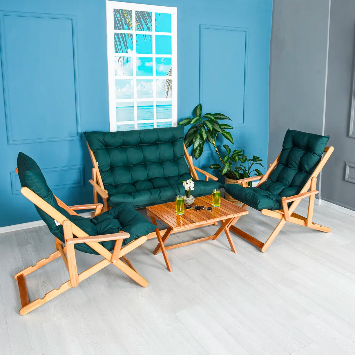 Bysay Ahşap Katlanabilir Taşinir Puf Minderli Kollu Şezlong Plaj Bahçe Teras Balkon Sandalyesi Koltuğu Takimi 4 Lü Set Haki