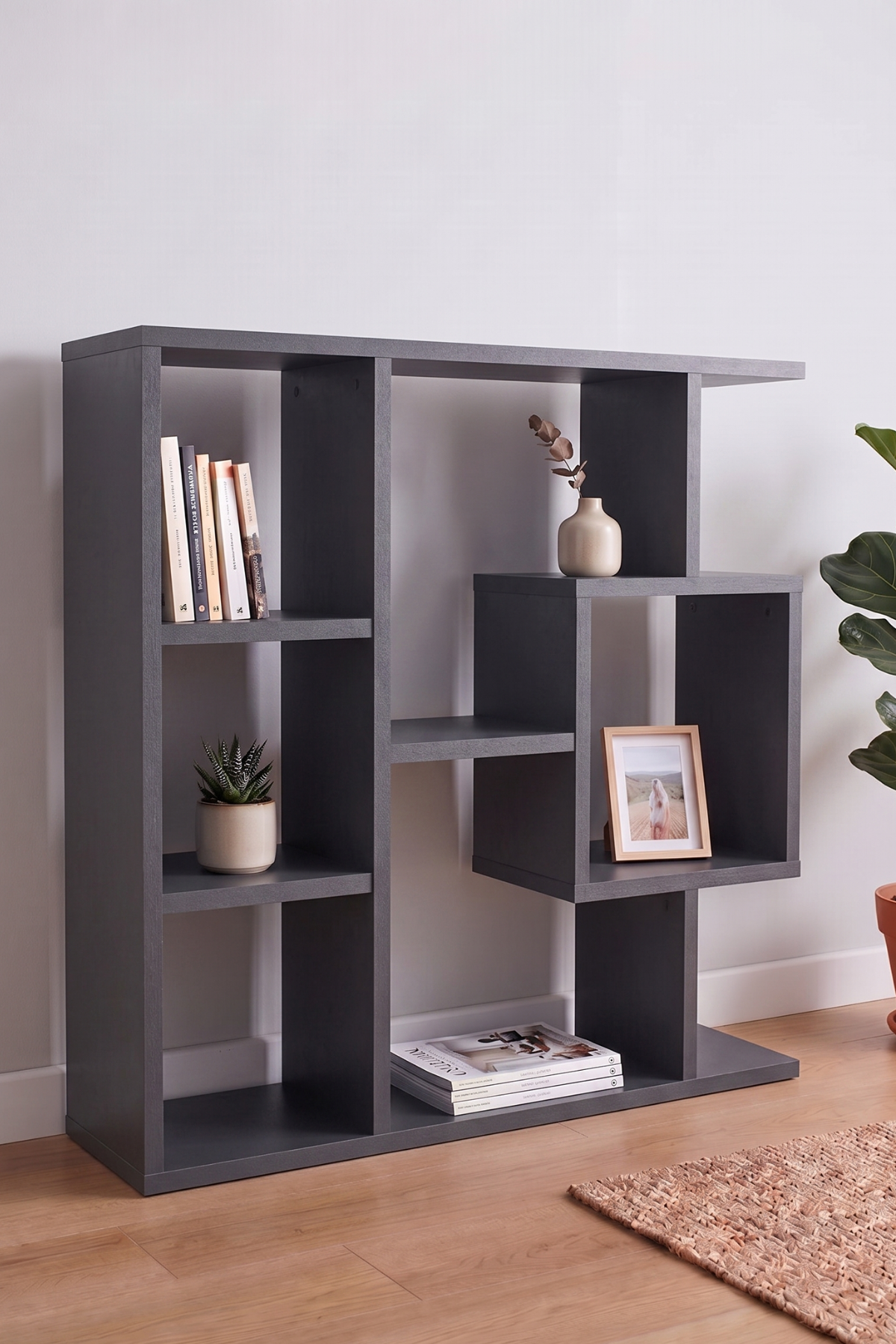 Enda Home Yegane Duvar Rafı, Duvar Kitaplığı, Dekoratif Kitaplık, Modern Kitaplık, Zeminde veya Duvarda Kullanıma Uygun Antrasit