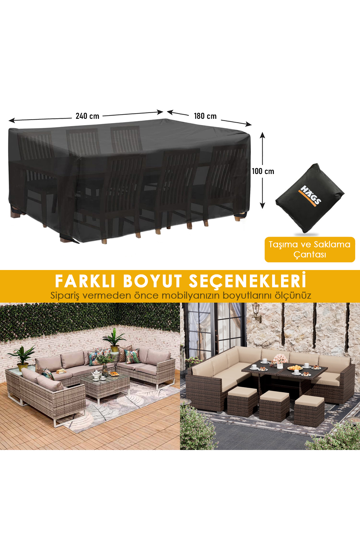 Haegs Bahçe Mobilyası Örtüsü, 240-180-100cm, Ağır Hizmet Oxford Kumaş, Su Geçirmez, Dış Mekan Veranda Masa Örtüsü, Havalandırmalı Masa ve Sandalye Koruma Kılıfı Gri