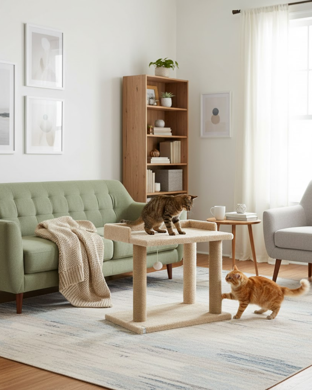 Reyo Pet Teraslı Yataklı Ponponlu Kedi Tırmalaması Bej