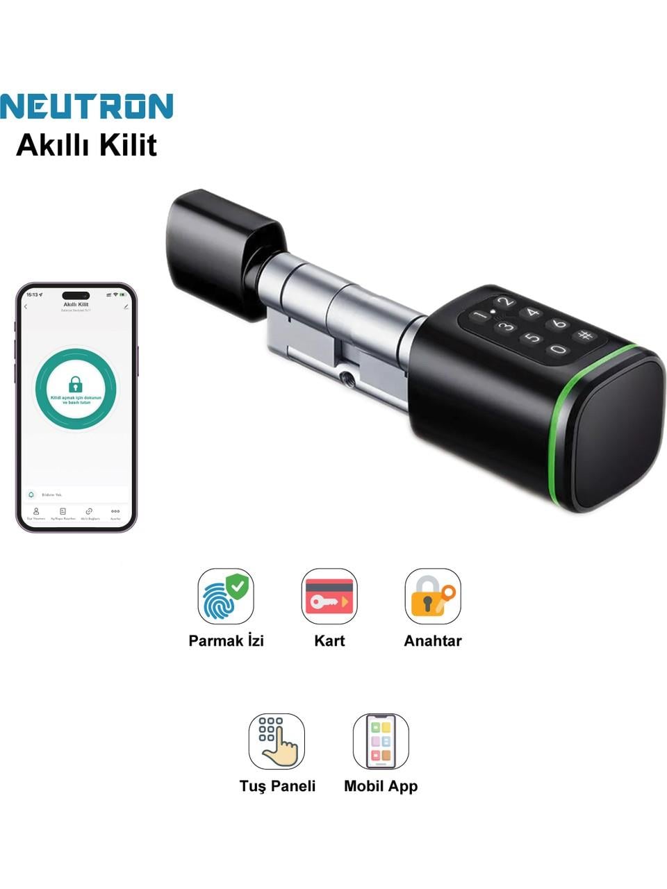 NEUTRON NTL-SC-02FKPB Parmak izi, Anahtarlı, Tuşlu, Kartlı ve Uzaktan Kontrollü Akıllı Kapı Kilidi