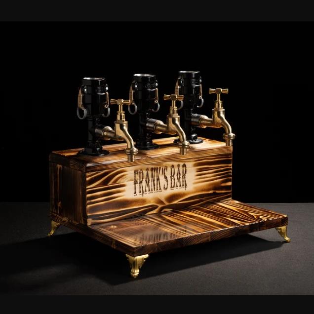 Rustik Atölye Define 3 Musluk Ahşap İçki Dağıtıcı Koyu Ceviz