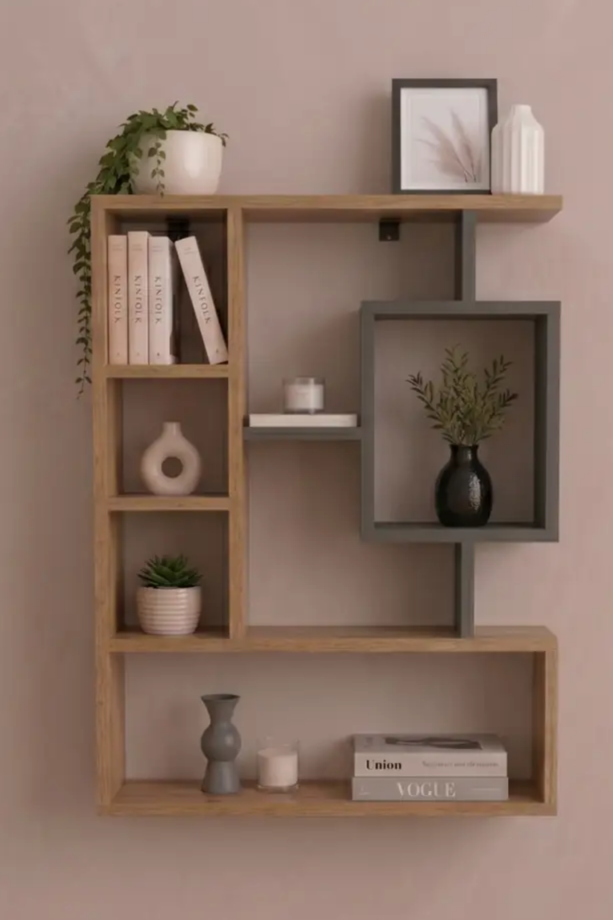 Enda Home Bigane Büyük Dekoratif Duvar Rafı 70,9 × 93,6 cm, Asimetrik Çok Bölmeli Duvara Monte Raf - Atlantik Çam Antrasit