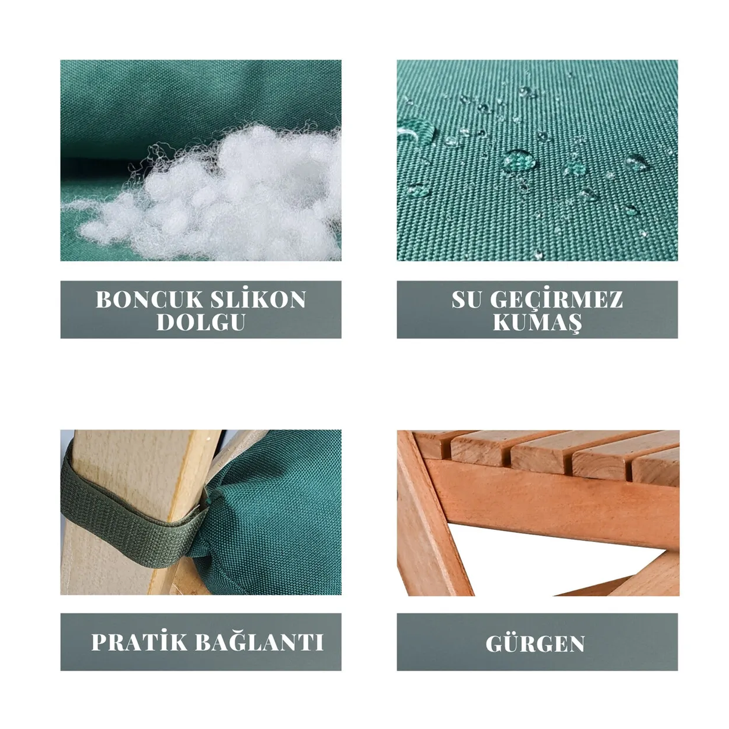 Bysay Puf Minderli Ahşap Katlanabilir Bahçe Mutfak Balkon Teras Sandalyesi (Naturel-Yeşil)