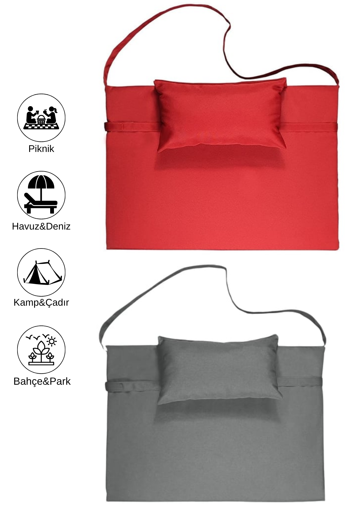 Reyo 2 ADET Taşınabilir Katlanır Plaj Havuz Minderi, Şezlong Minderi Kamp Yatağı Açık Gri/Kırmızı 31500-8908