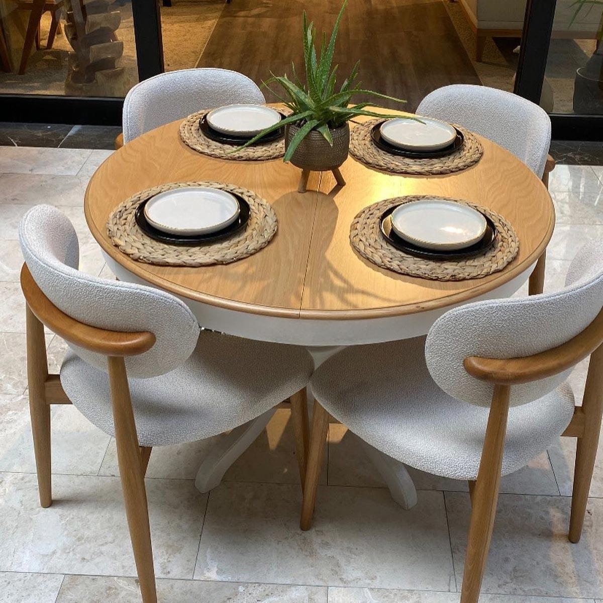 Reyo 90cm Açılır Yuvarlak Baba Ayaklı Masa Beyaz-Naturel