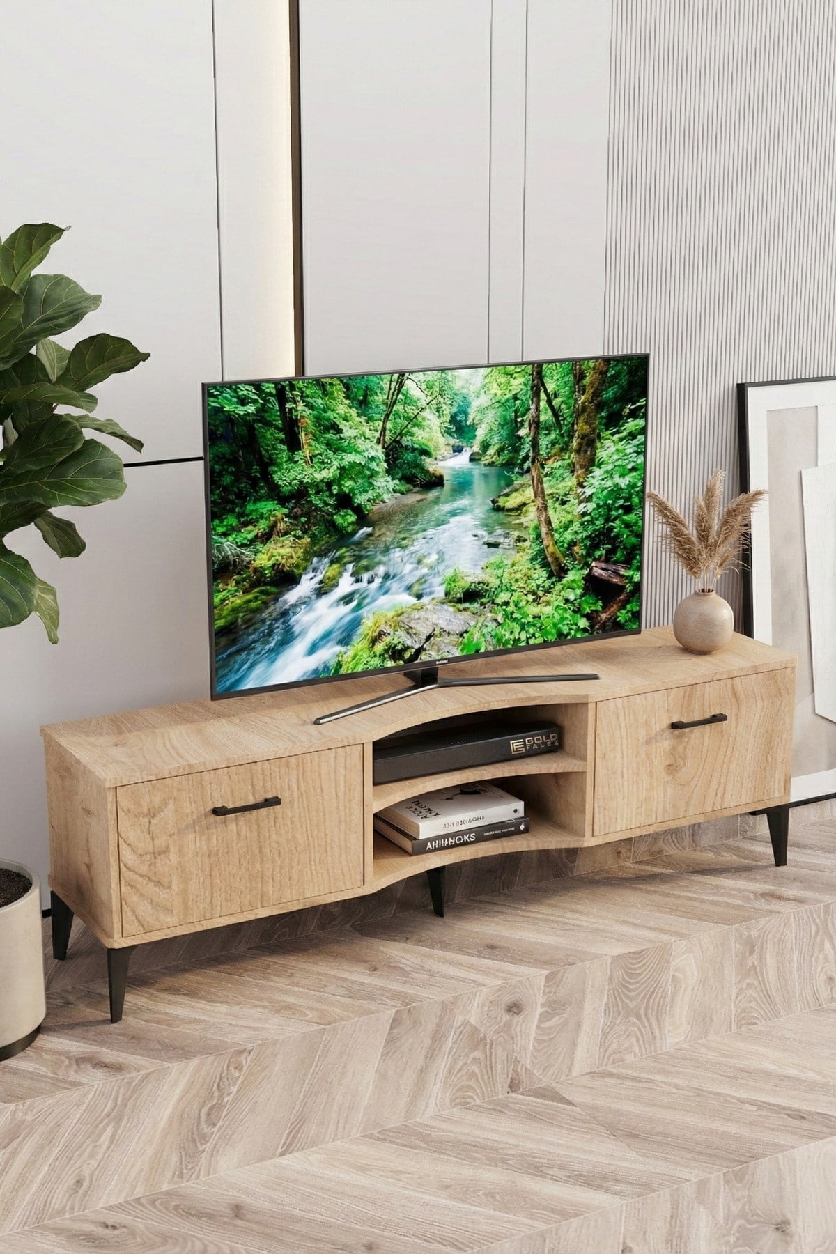 Reyo Falez Vera Tv Sehpası 160x35x50 cm Çok Amaçlı Televizyon Ünitesi Raflı Dolaplı Salon Oturma Odası 5057 Meşe