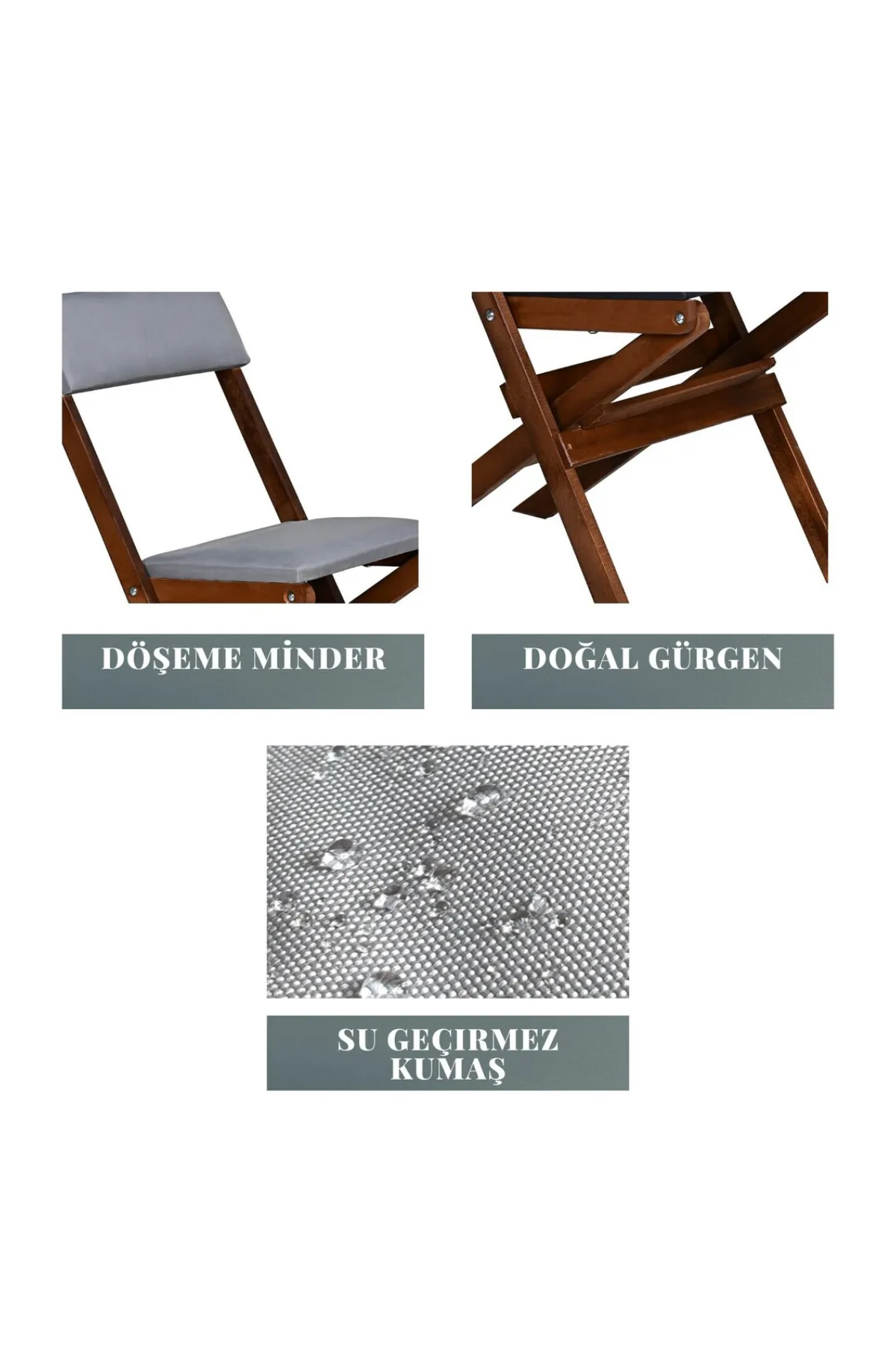 BySay Ahşap Katlanır Döşeme Minderli 3'lü Bistro Set Bahçe Takımı Ceviz Gri