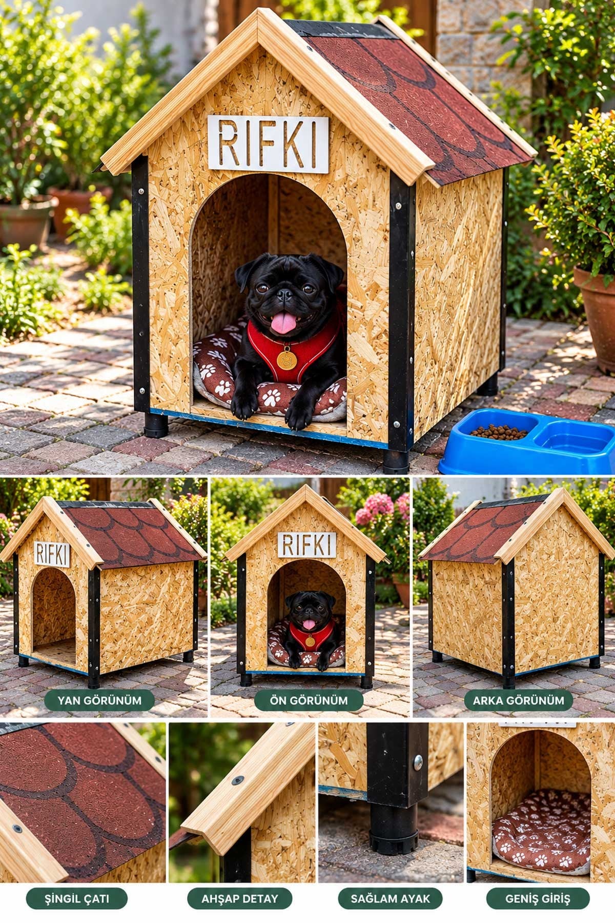 Msay Küçük / Orta Irk Köpek Evi, Sıcak ve Soğuya Dayanıklı Köpek Kulübesi OSB Ahşap Şıngıl Çatılı 50x50x70cm (Demonte Gönderim)