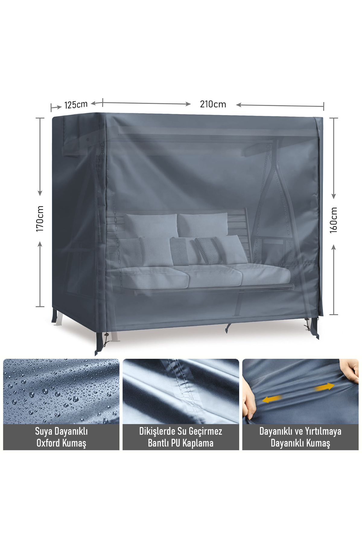 HAEGS Bahçe Salıncak Koruma Örtüsü Üç Kişilik Tenteli Hamak Bahçe Salıncağı Koruma Kılıfı Su Geçirmez Branda Dayanıklı 210x125x170cm Gri