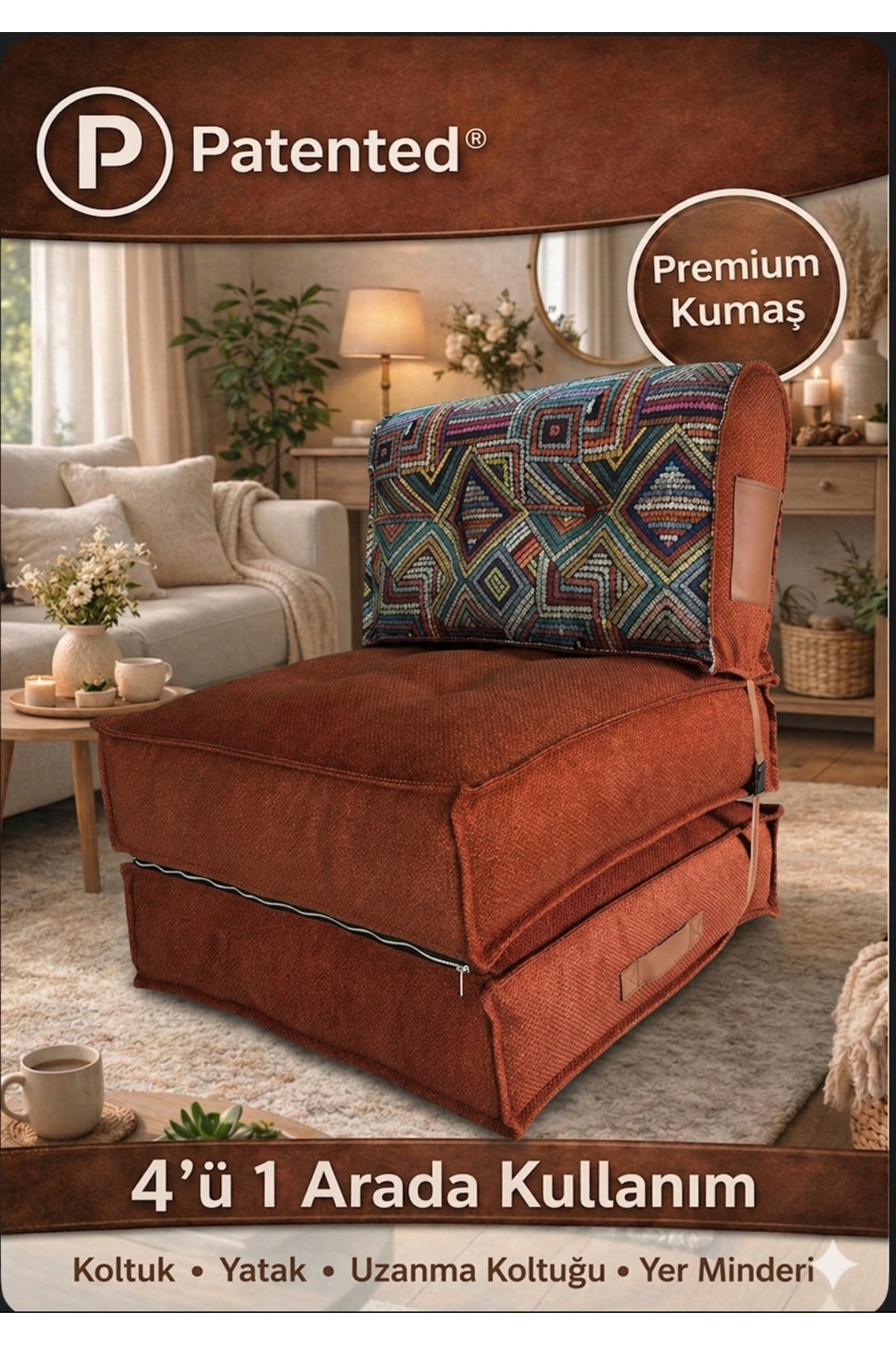 Pufymax Comfort Minder Koltuk Modüler Yer Koltuğu Sırt Destekli Oturma Minderi 75x75x85cm Yıkanabilir Fermuarlı Kiremit