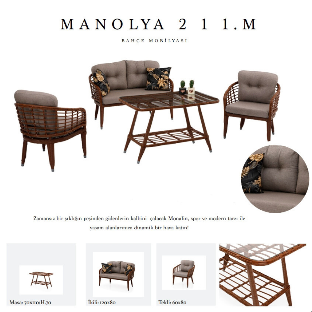 Reyo Garden Manolya 2+1+1 Masalı Alüminyum Üzeri Örme Rattan Balkon Bahçe Mobilyası