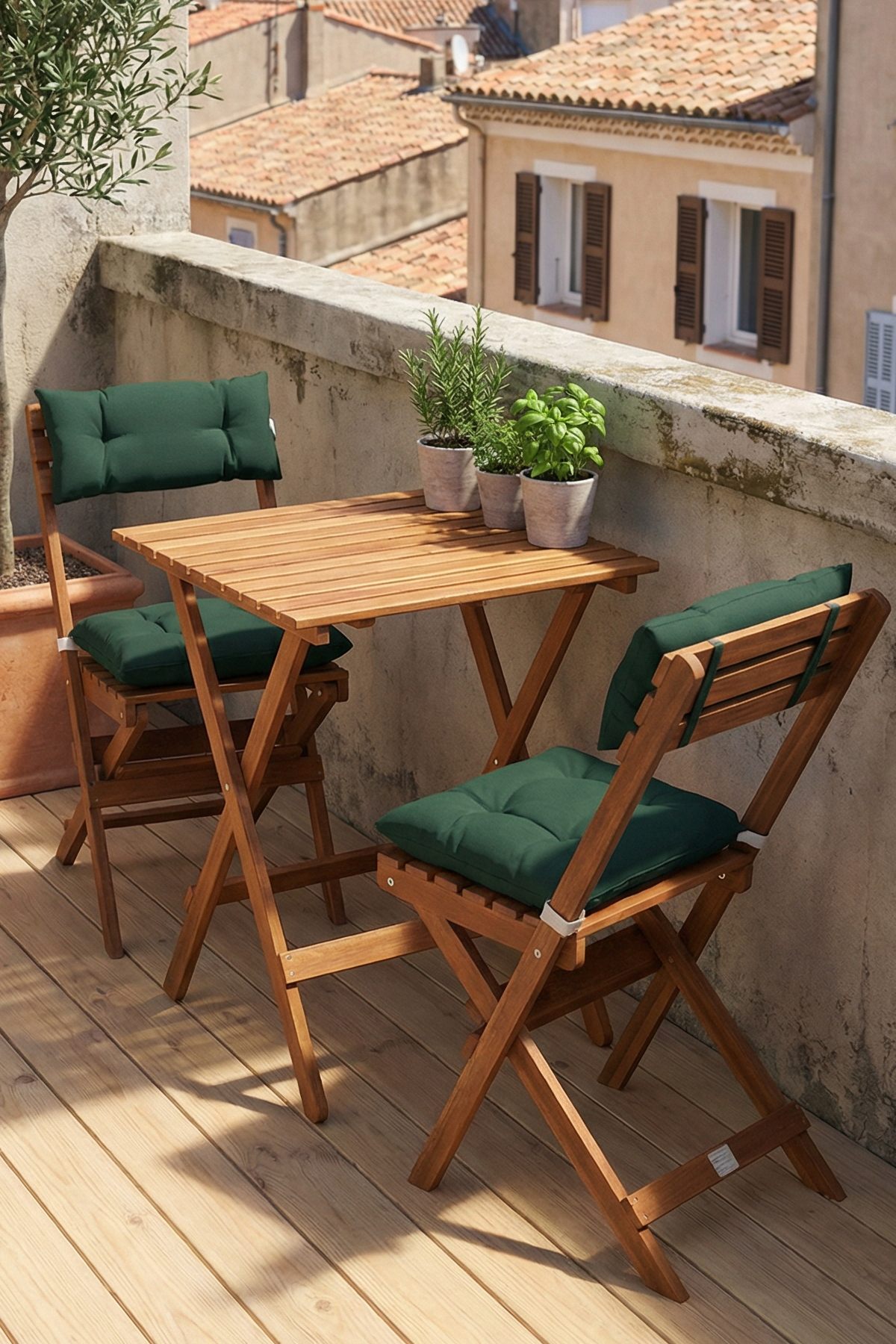BySay Ahşap Katlanır Minderli 3'lü Bistro Set Mutfak Balkon Bahçe Masa Sandalye Seti Ceviz Yeşil