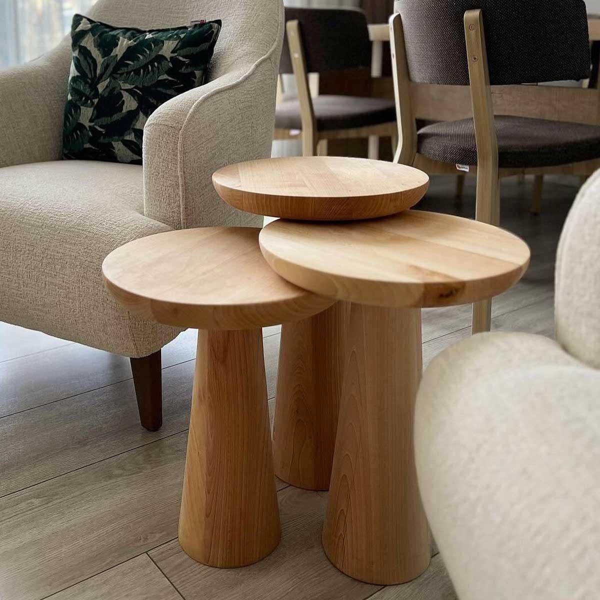 Reyo 3'lü Mushroom Zigon Sehpa Naturel Ahşap Mantar Sehpa