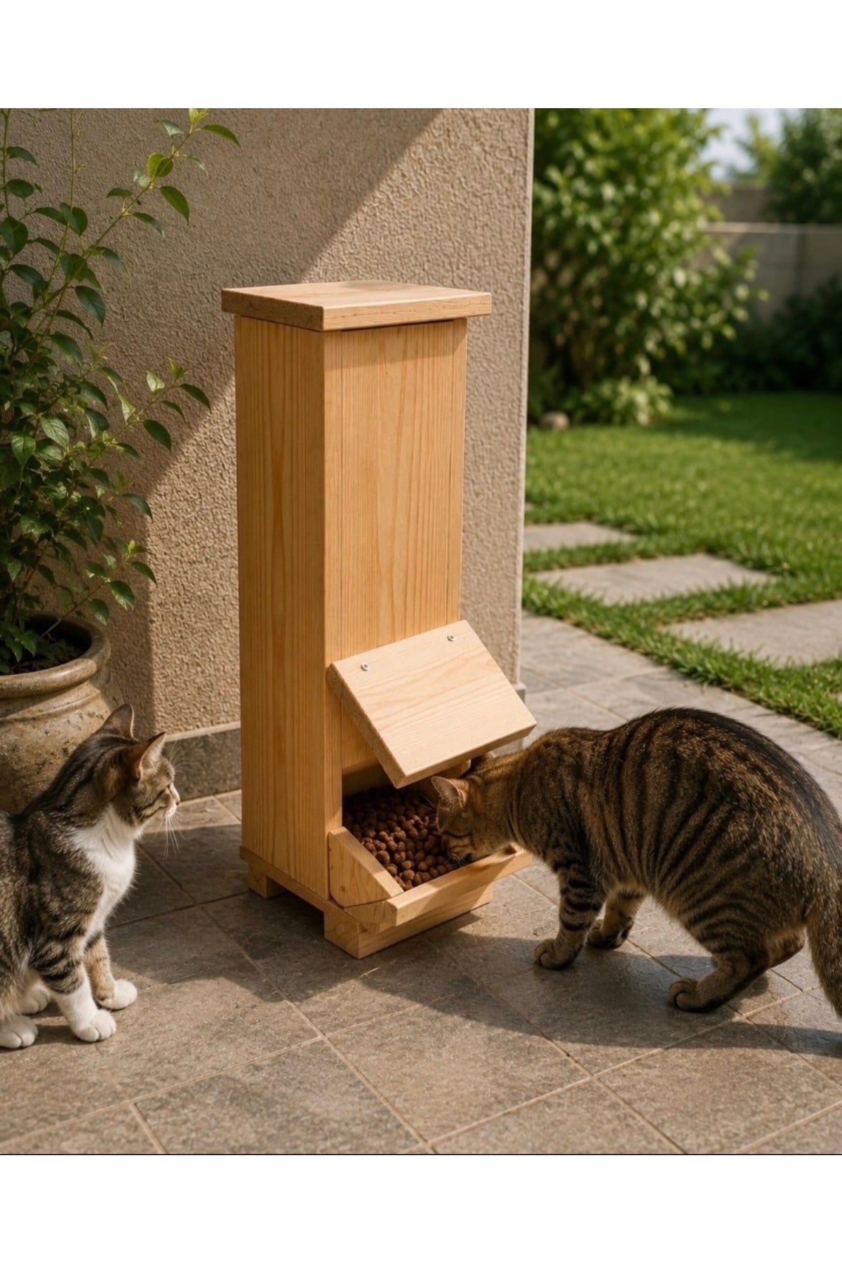 Narım Kedi Mama İstasyonu Ahşap – Su Geçirmez İç ve Dış Mekan Mama Standı 50x20x20 cm