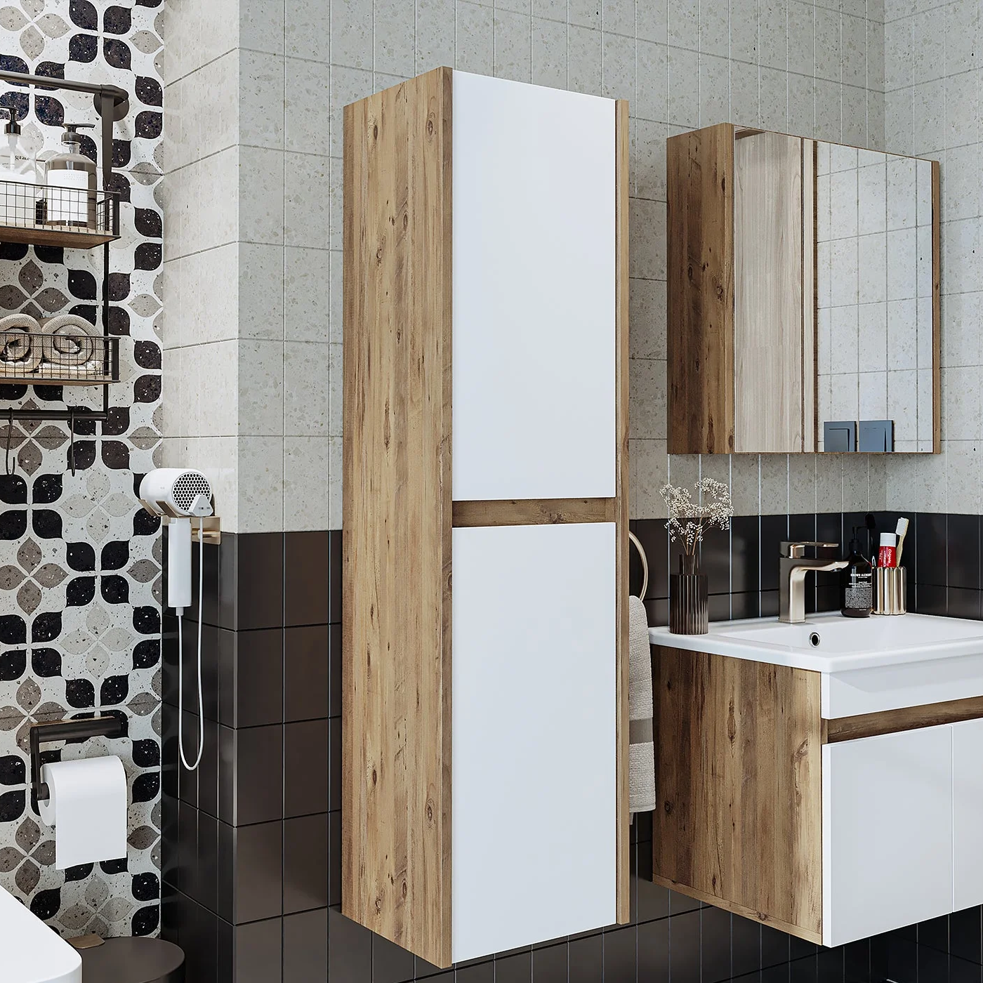 Roomart Bd2 Ayaksız 2 Kapaklı Ahşap-Mat Beyaz 130 x 35 cm Banyo Boy Dolabı