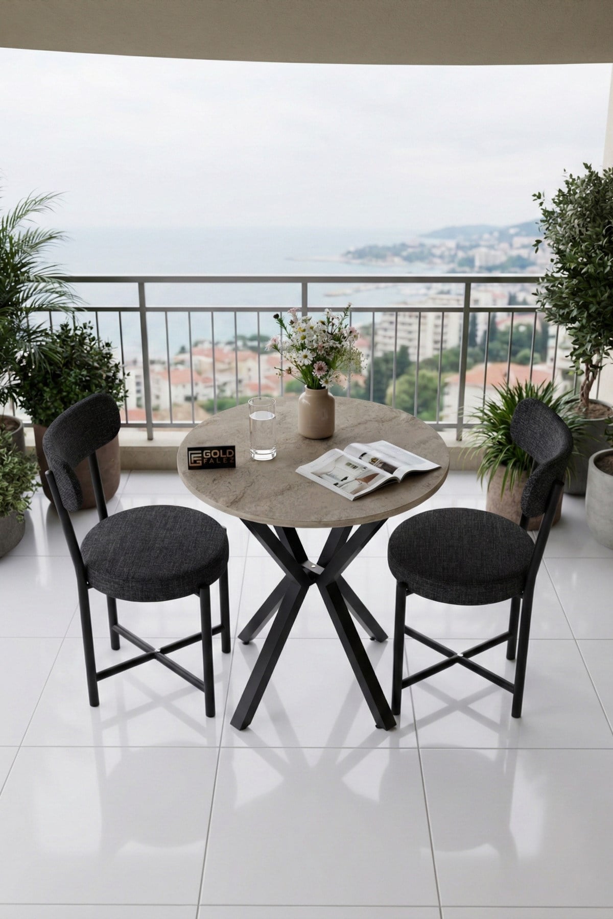 Reyo Falez Teddy 70 cm Yuvarlak Mutfak Masa Takımı 2 Sandalyeli Modern Bahçe Balkon Kafe Seti Traverten - Antrasit 9843