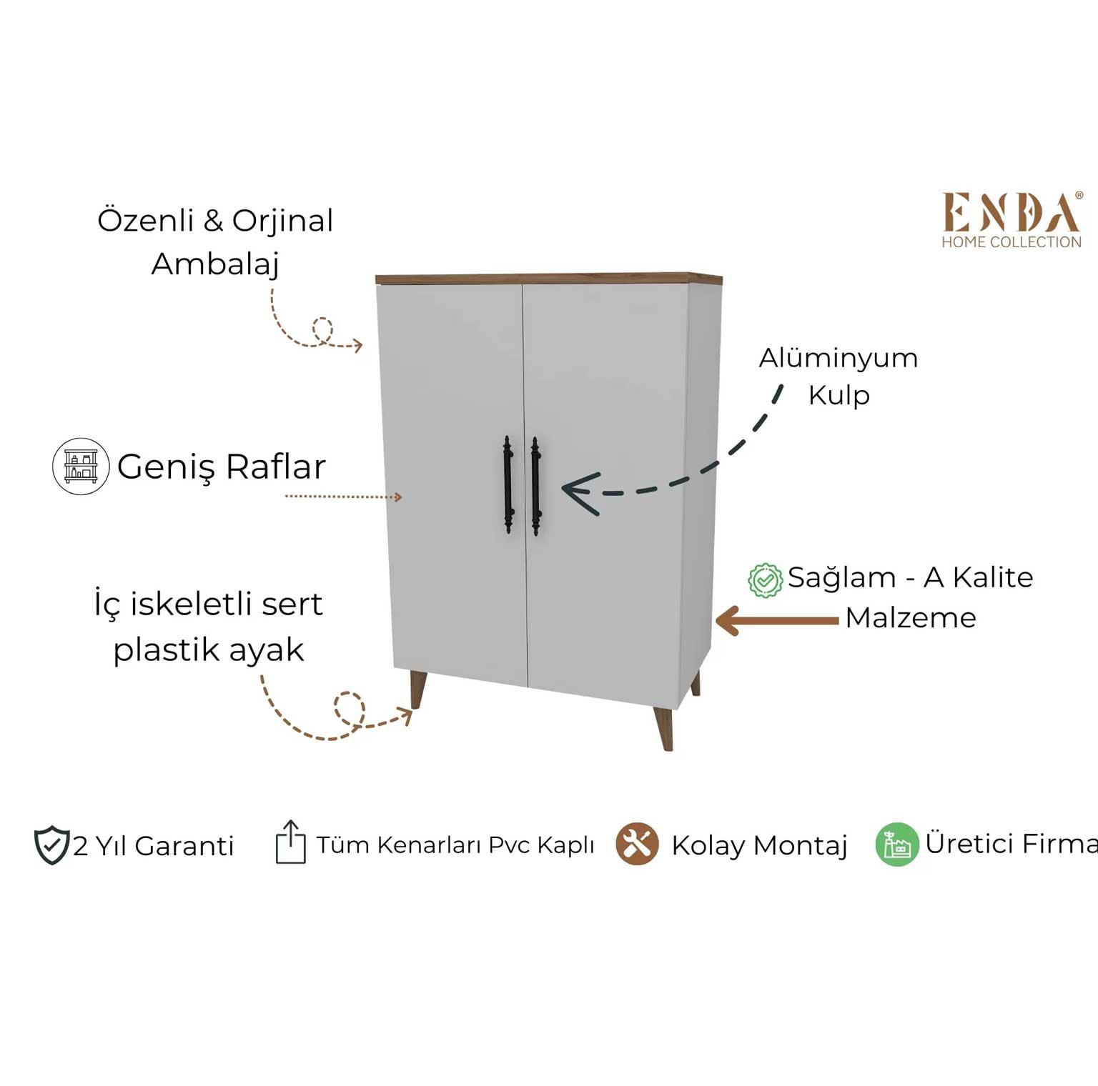 Enda Home 3 Raflı 2 Kapaklı Çok Amaçlı Dolap Beyaz - Atlantik Çam