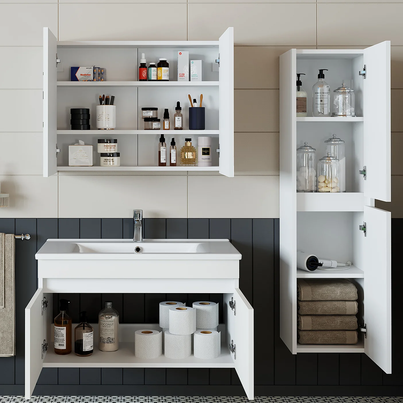 Roomart Tm3 Ayaksız 2 Kapaklı Lavabolu Beyaz Mdf 65 Cm Banyo Dolabı Aynalı Üst Dolap Boy Dolabı