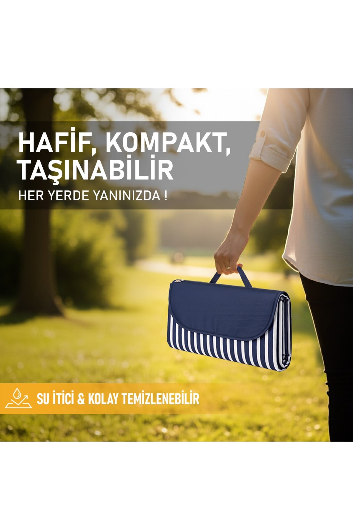 Haegs Piknik Örtüsü, Çanta Kamp Matı, Plaj Matı, Piknik Yer Örtüsü, Seyahat, Kamp, Outdoor, Kum Tutmaz, Su Geçirmez, Katlanabilir 200x150cm - Mavi Beyaz Çizgili