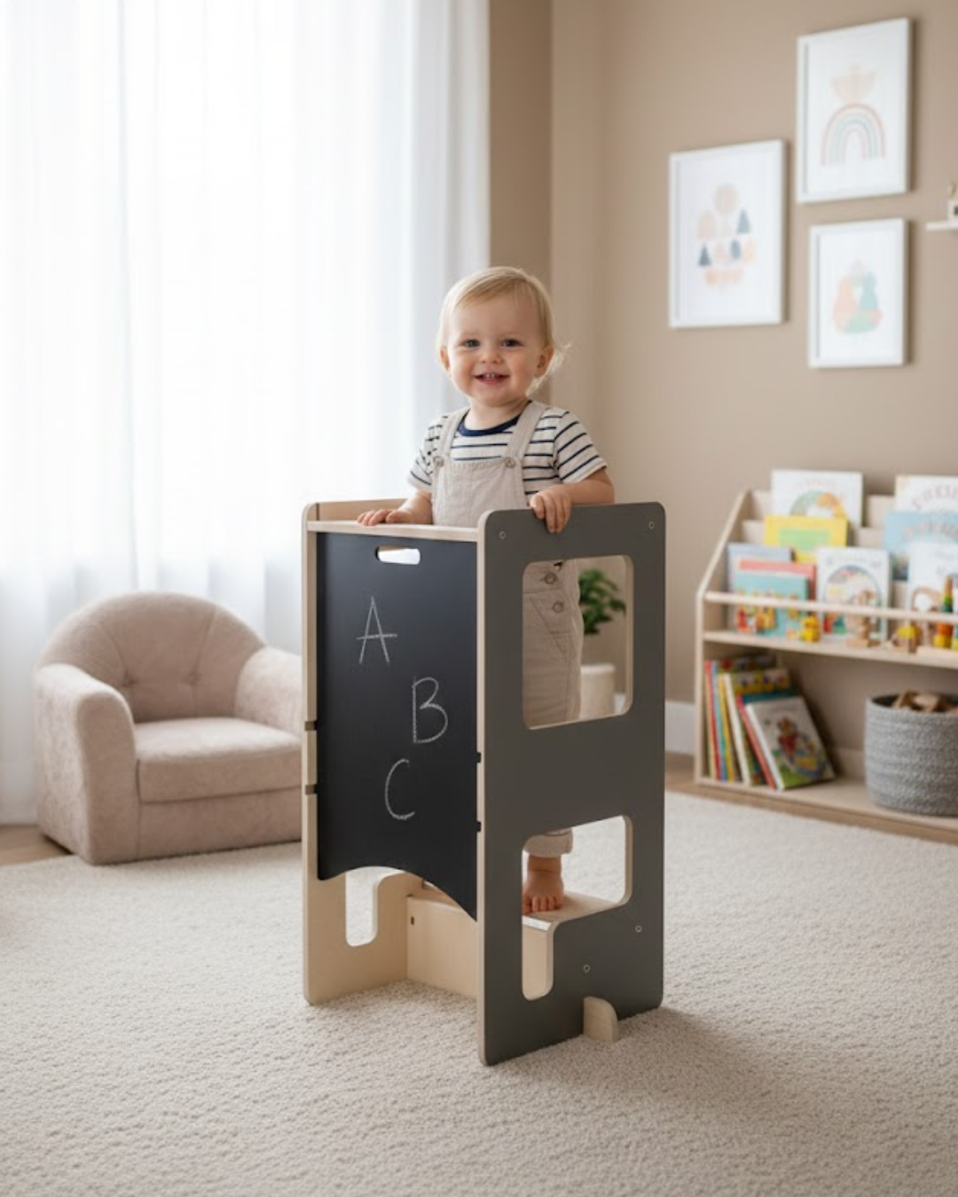 Mamatoyz Flip Gri 3'ü 1 Arada Öğrenme Kulesi & Aktivite Masası & Yazı Tahtası