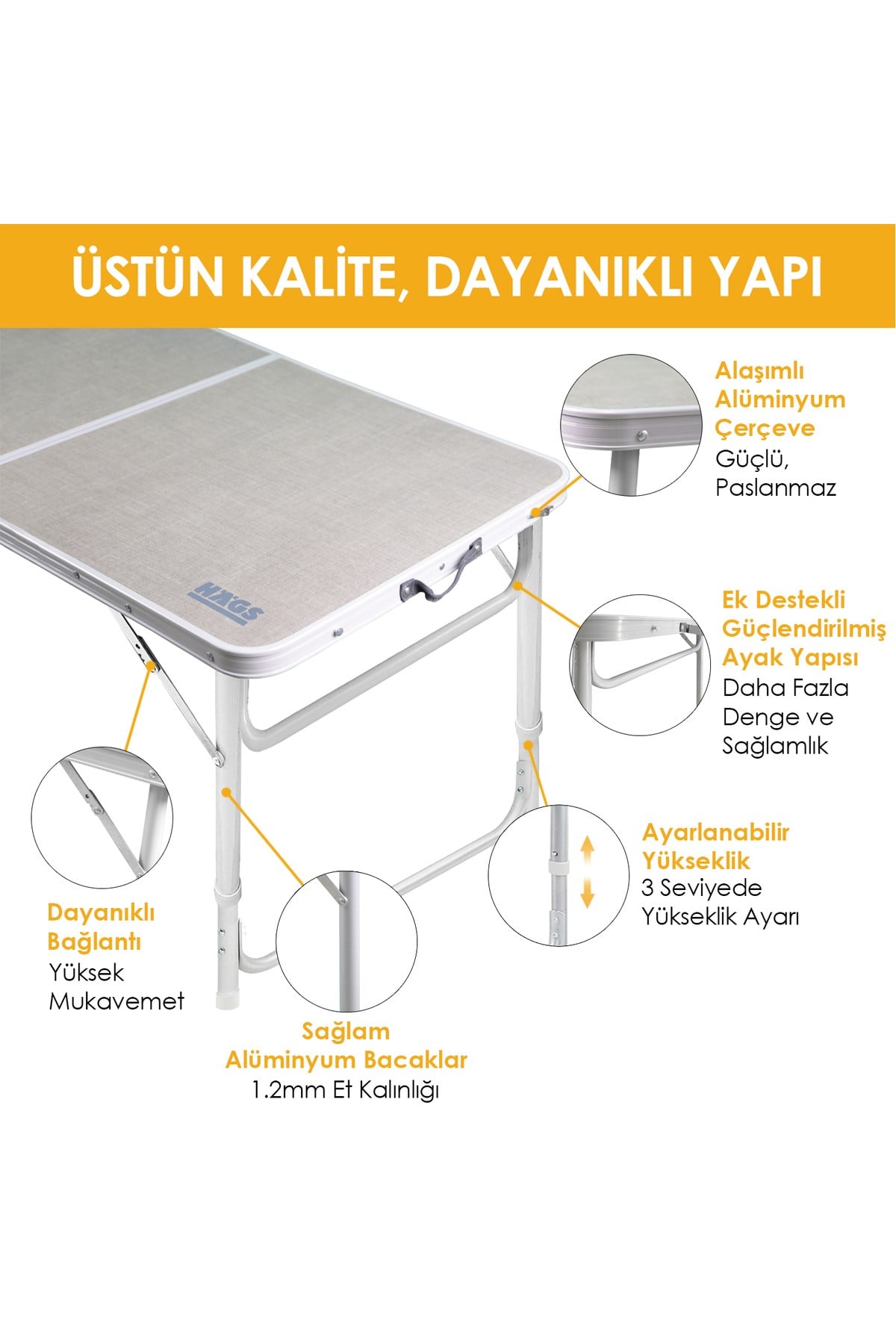 Haegs Portatif Kamp Masası, 3 Yükseklik Ayarlı, Katlanır Piknik Masası, Kolay Taşınabilir Alüminyum Masa - 120x60 - Kumaş Desenli