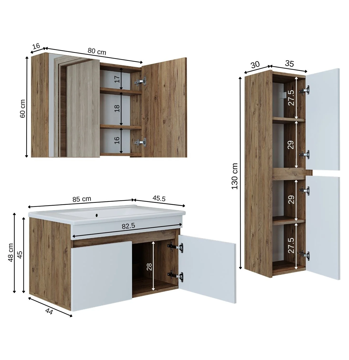RoomArt Lavabolu Atlantik-Beyaz Mat Mdf 85 Cm Banyo Alt Dolap + Aynalı Üst Dolap + Boy Dolap