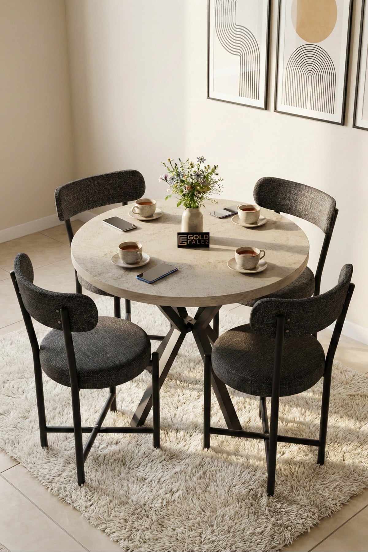 Reyo Falez Mutfak Masası 90 cm Yuvarlak Masa Modern Metal Ayaklı Cafe Balkon Ofis Yemek Masası 9826 Traverten