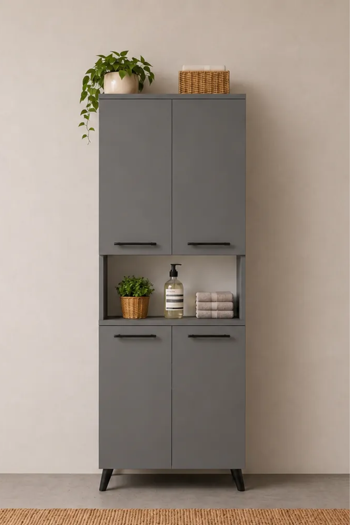 Enda Home Listra 4 Kapaklı Çok Amaçlı Dolap 170,8 cm,  Raflı, Ayaklı Depolama Dolabı - Antrasit